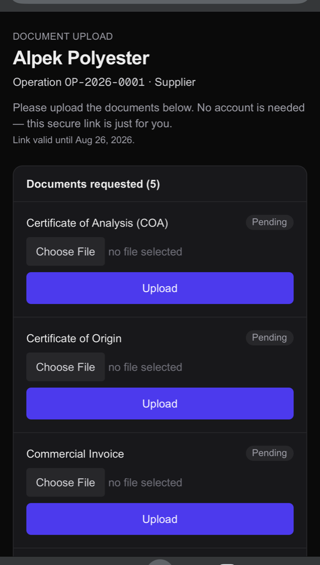 A supplier uploading documents through a scoped Cargease link on a phone